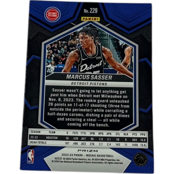 Marcus Sasser 2023 24 Panini Mosaic Prizm Rookie Card Detroit Pistons Basketball - Picture 2 of 2